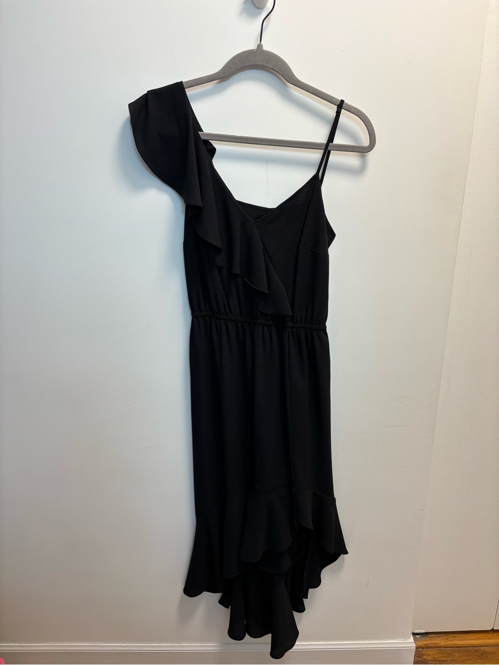 1. State Asymmetric One-Shoulder Black Ruffle Dress, Size X-Small (XS)